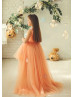Peach Tulle High Low Floral Embellished Flower Girl Dress